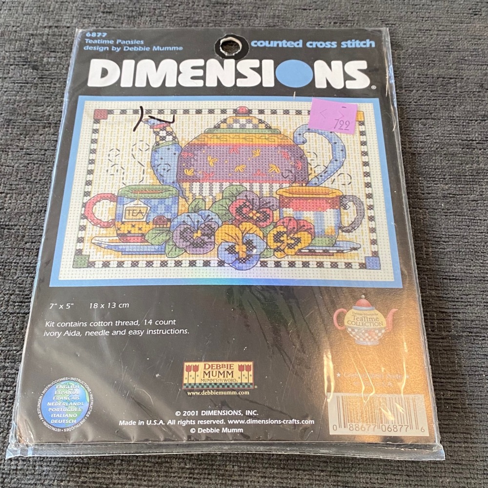 Dimensions Teatime Pansies Cross Stitch Kit 7x5 Ivory NEW Debbie Mumm 6877